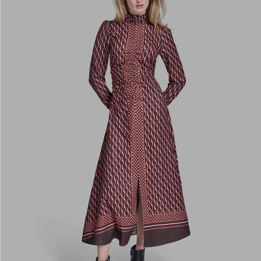 BCBG Women's Long Sleeve Mock Neck Midi Dress, Size 4 ,NEW , Truffle Multi